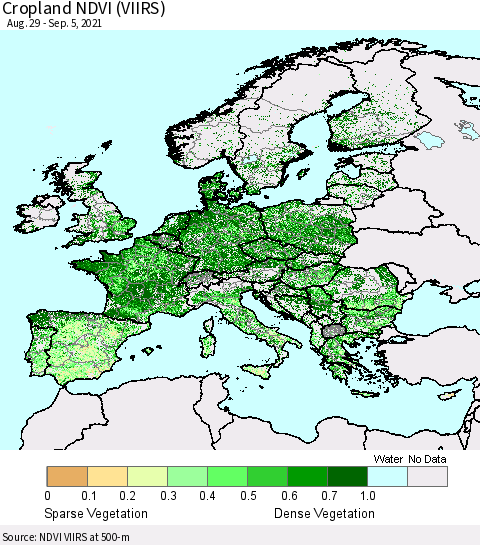 Europe Cropland NDVI (VIIRS) Thematic Map For 8/29/2021 - 9/5/2021