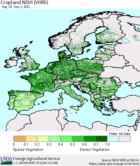 Europe Cropland NDVI (VIIRS) Thematic Map For 9/1/2021 - 9/10/2021