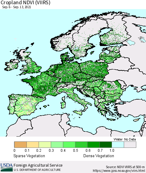 Europe Cropland NDVI (VIIRS) Thematic Map For 9/11/2021 - 9/20/2021
