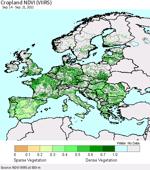 Europe Cropland NDVI (VIIRS) Thematic Map For 9/14/2021 - 9/21/2021