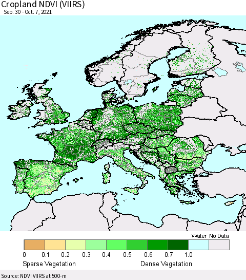 Europe Cropland NDVI (VIIRS) Thematic Map For 9/30/2021 - 10/7/2021