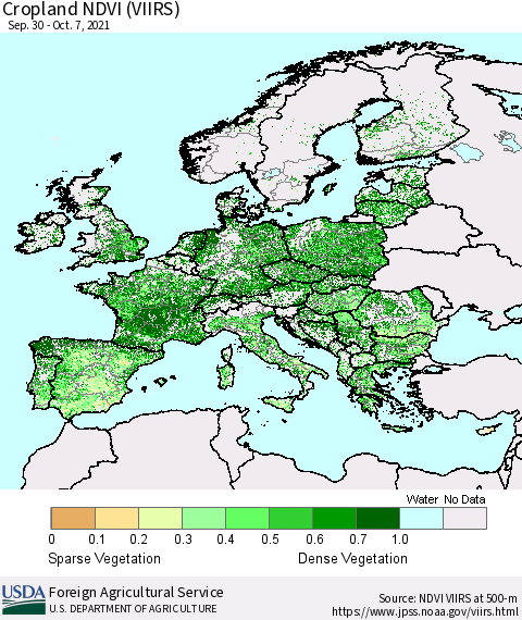 Europe Cropland NDVI (VIIRS) Thematic Map For 10/1/2021 - 10/10/2021