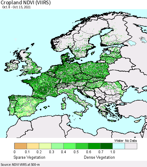 Europe Cropland NDVI (VIIRS) Thematic Map For 10/8/2021 - 10/15/2021