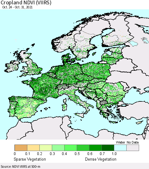 Europe Cropland NDVI (VIIRS) Thematic Map For 10/21/2021 - 10/31/2021