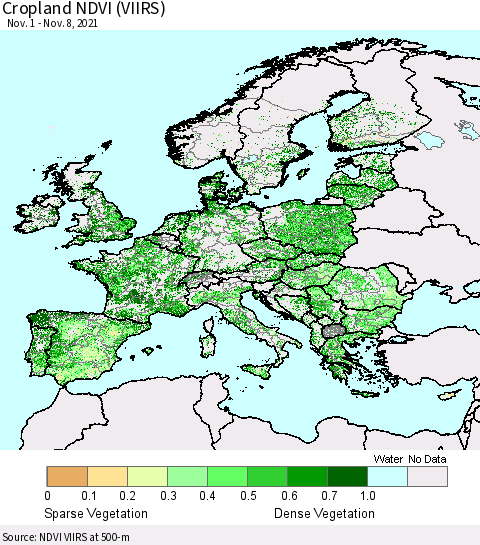 Europe Cropland NDVI (VIIRS) Thematic Map For 11/1/2021 - 11/8/2021