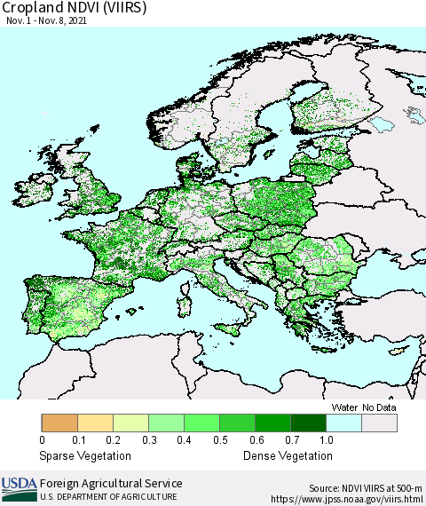 Europe Cropland NDVI (VIIRS) Thematic Map For 11/1/2021 - 11/10/2021