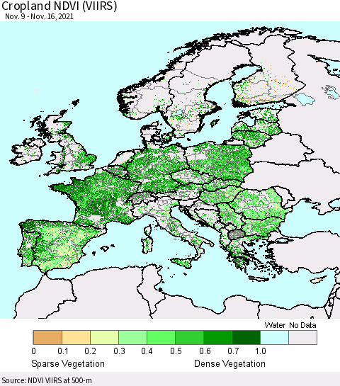Europe Cropland NDVI (VIIRS) Thematic Map For 11/9/2021 - 11/16/2021