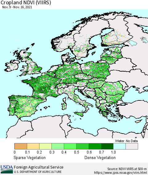 Europe Cropland NDVI (VIIRS) Thematic Map For 11/11/2021 - 11/20/2021