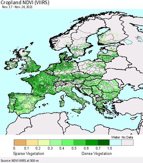 Europe Cropland NDVI (VIIRS) Thematic Map For 11/17/2021 - 11/24/2021