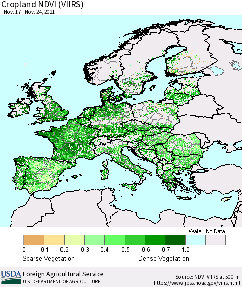 Europe Cropland NDVI (VIIRS) Thematic Map For 11/21/2021 - 11/30/2021