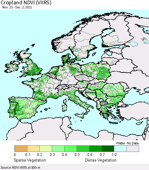Europe Cropland NDVI (VIIRS) Thematic Map For 11/25/2021 - 12/2/2021