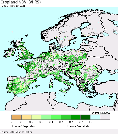 Europe Cropland NDVI (VIIRS) Thematic Map For 12/1/2021 - 12/10/2021