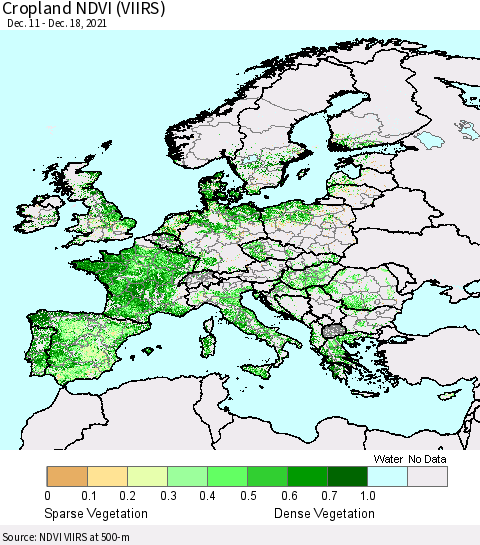 Europe Cropland NDVI (VIIRS) Thematic Map For 12/11/2021 - 12/18/2021