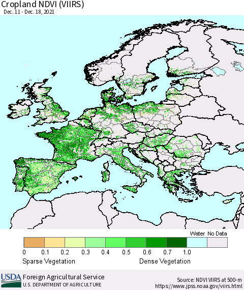 Europe Cropland NDVI (VIIRS) Thematic Map For 12/11/2021 - 12/20/2021