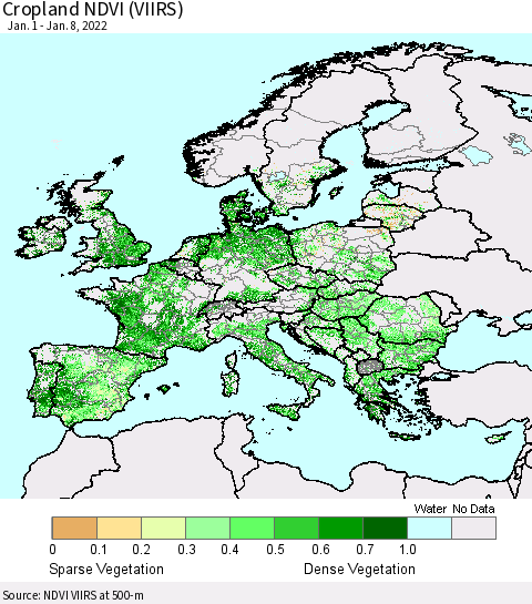 Europe Cropland NDVI (VIIRS) Thematic Map For 1/1/2022 - 1/8/2022