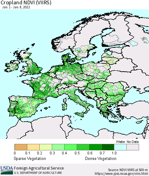 Europe Cropland NDVI (VIIRS) Thematic Map For 1/1/2022 - 1/10/2022