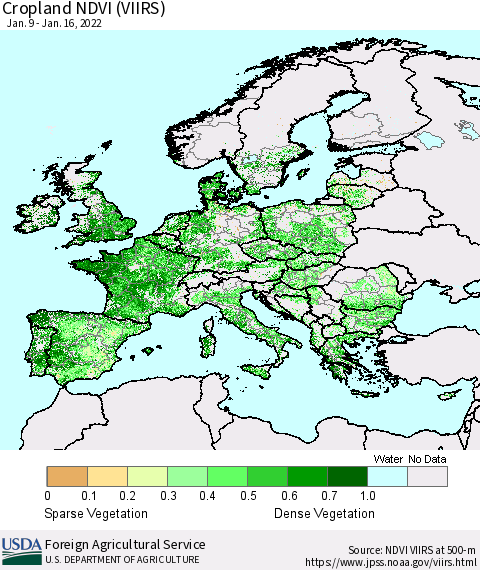 Europe Cropland NDVI (VIIRS) Thematic Map For 1/11/2022 - 1/20/2022