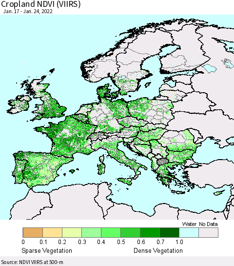 Europe Cropland NDVI (VIIRS) Thematic Map For 1/17/2022 - 1/24/2022