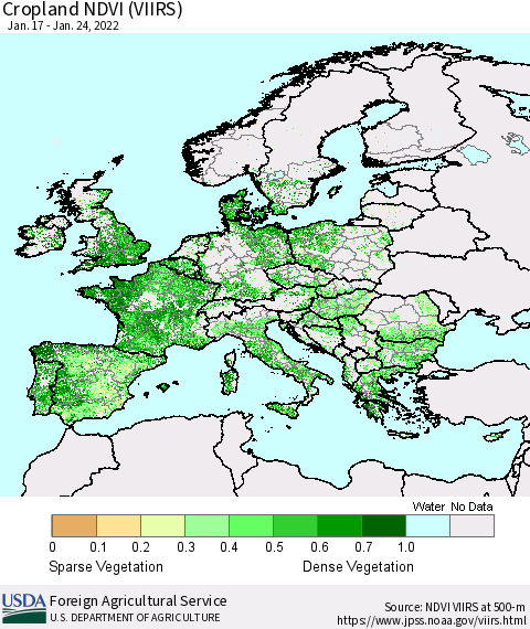 Europe Cropland NDVI (VIIRS) Thematic Map For 1/21/2022 - 1/31/2022