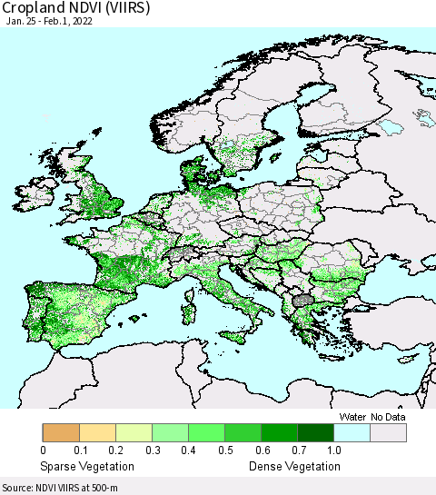 Europe Cropland NDVI (VIIRS) Thematic Map For 1/25/2022 - 2/1/2022