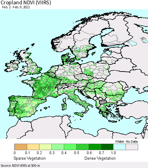 Europe Cropland NDVI (VIIRS) Thematic Map For 2/2/2022 - 2/9/2022