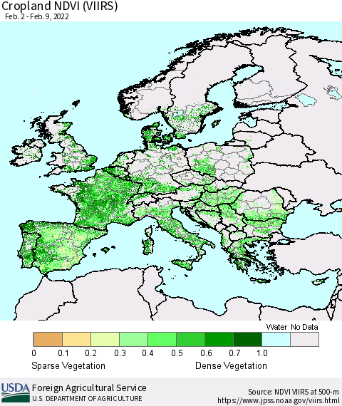 Europe Cropland NDVI (VIIRS) Thematic Map For 2/1/2022 - 2/10/2022