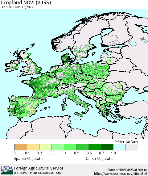 Europe Cropland NDVI (VIIRS) Thematic Map For 2/11/2022 - 2/20/2022