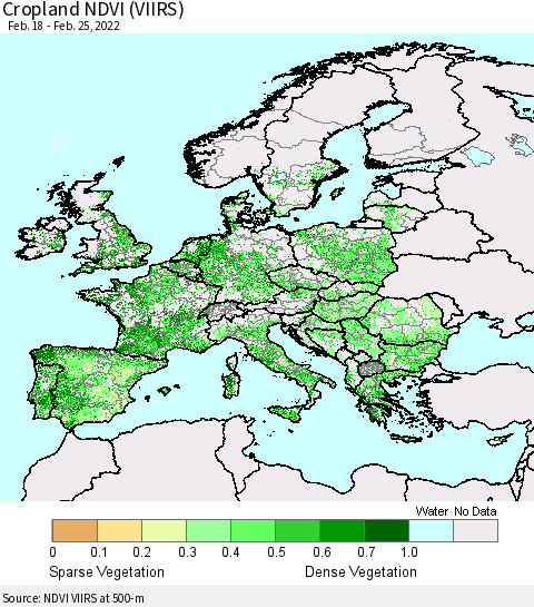 Europe Cropland NDVI (VIIRS) Thematic Map For 2/18/2022 - 2/25/2022