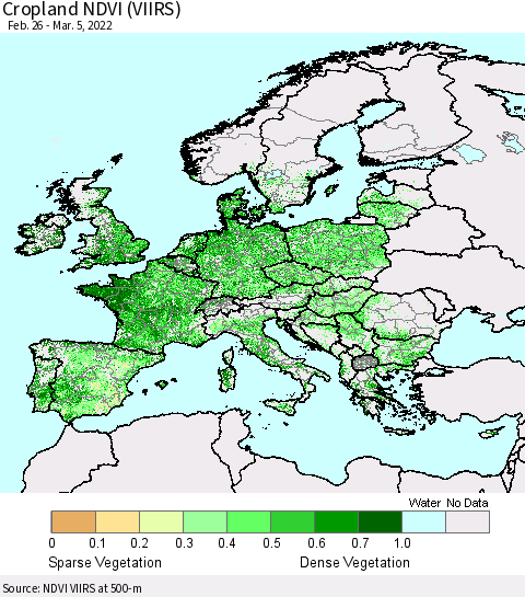 Europe Cropland NDVI (VIIRS) Thematic Map For 2/26/2022 - 3/5/2022