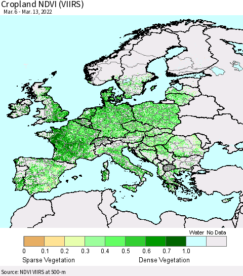 Europe Cropland NDVI (VIIRS) Thematic Map For 3/6/2022 - 3/13/2022