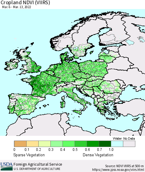 Europe Cropland NDVI (VIIRS) Thematic Map For 3/11/2022 - 3/20/2022