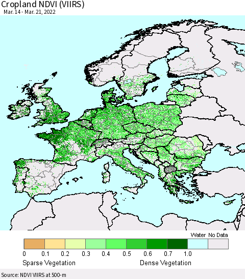 Europe Cropland NDVI (VIIRS) Thematic Map For 3/14/2022 - 3/21/2022