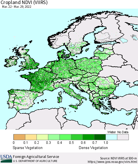 Europe Cropland NDVI (VIIRS) Thematic Map For 3/21/2022 - 3/31/2022