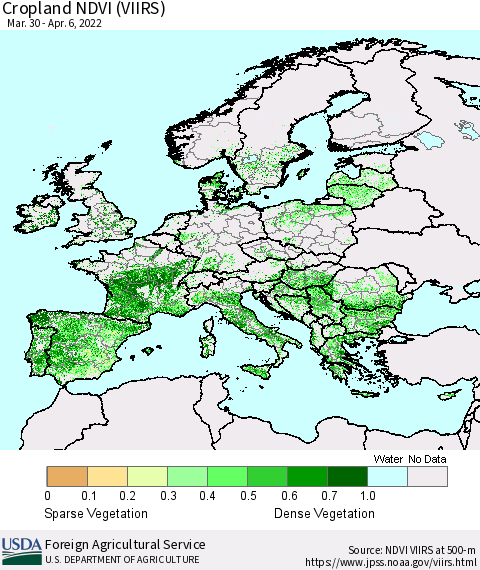 Europe Cropland NDVI (VIIRS) Thematic Map For 4/1/2022 - 4/10/2022