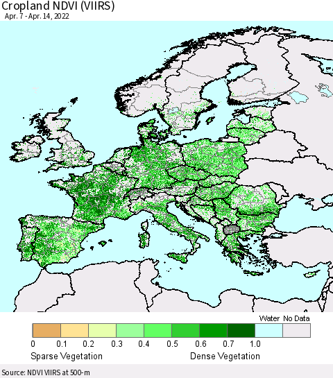 Europe Cropland NDVI (VIIRS) Thematic Map For 4/7/2022 - 4/14/2022