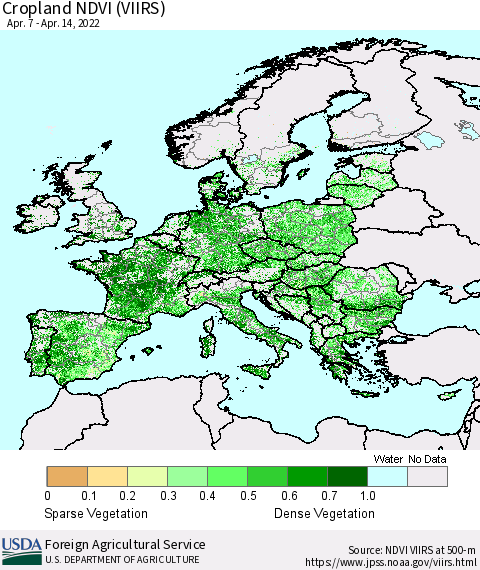 Europe Cropland NDVI (VIIRS) Thematic Map For 4/11/2022 - 4/20/2022