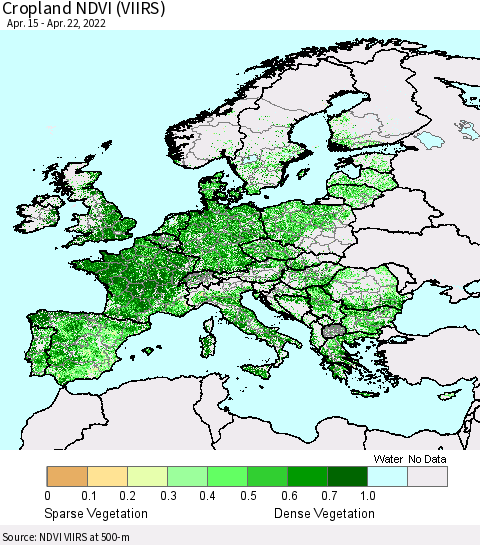 Europe Cropland NDVI (VIIRS) Thematic Map For 4/15/2022 - 4/22/2022