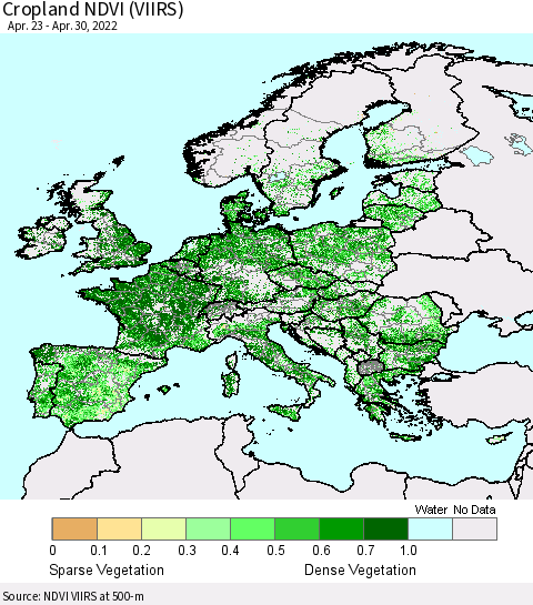 Europe Cropland NDVI (VIIRS) Thematic Map For 4/21/2022 - 4/30/2022