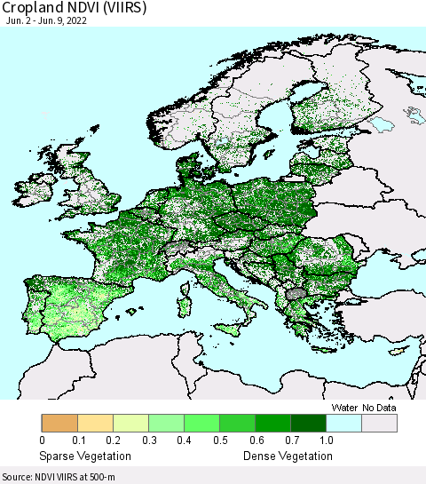 Europe Cropland NDVI (VIIRS) Thematic Map For 6/2/2022 - 6/9/2022