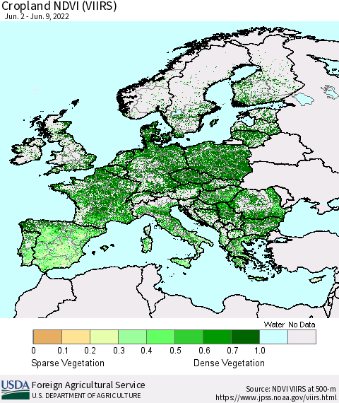 Europe Cropland NDVI (VIIRS) Thematic Map For 6/1/2022 - 6/10/2022