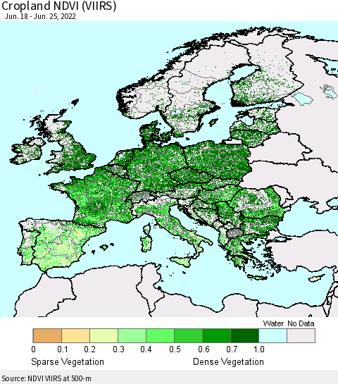 Europe Cropland NDVI (VIIRS) Thematic Map For 6/18/2022 - 6/25/2022