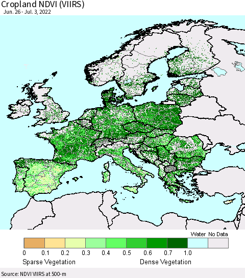 Europe Cropland NDVI (VIIRS) Thematic Map For 6/26/2022 - 7/3/2022