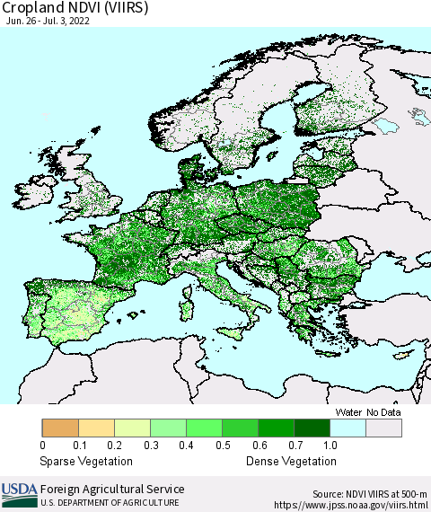 Europe Cropland NDVI (VIIRS) Thematic Map For 7/1/2022 - 7/10/2022