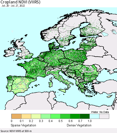 Europe Cropland NDVI (VIIRS) Thematic Map For 7/20/2022 - 7/27/2022