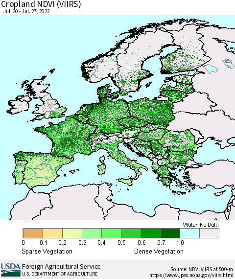 Europe Cropland NDVI (VIIRS) Thematic Map For 7/21/2022 - 7/31/2022