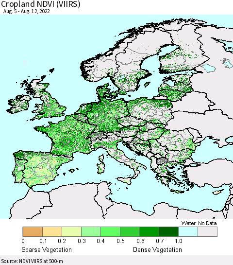 Europe Cropland NDVI (VIIRS) Thematic Map For 8/5/2022 - 8/12/2022