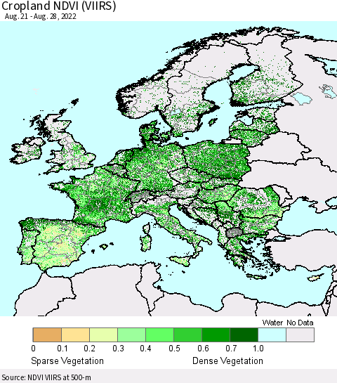 Europe Cropland NDVI (VIIRS) Thematic Map For 8/21/2022 - 8/28/2022