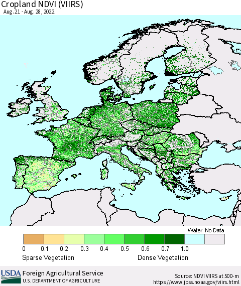 Europe Cropland NDVI (VIIRS) Thematic Map For 8/21/2022 - 8/31/2022