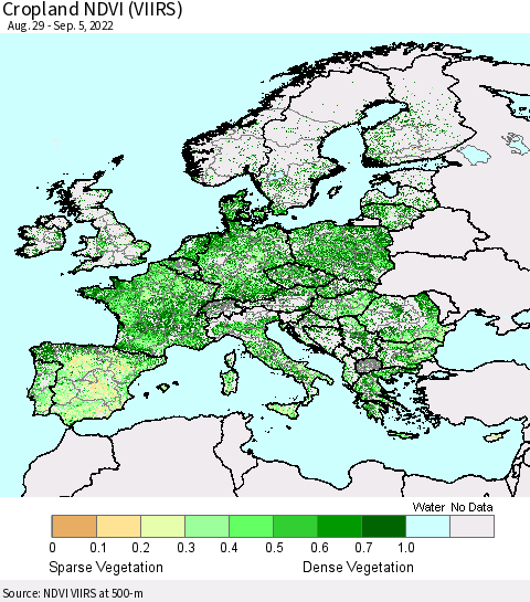 Europe Cropland NDVI (VIIRS) Thematic Map For 8/29/2022 - 9/5/2022