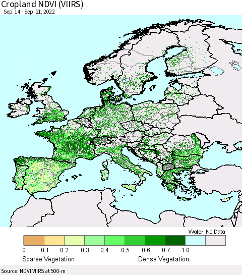 Europe Cropland NDVI (VIIRS) Thematic Map For 9/14/2022 - 9/21/2022